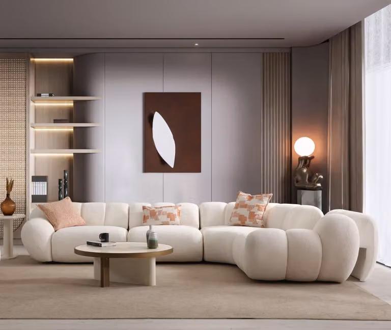 Modernes Wohnzimmer Set Weißes Ecksofa Runder Couchtisch Möbel