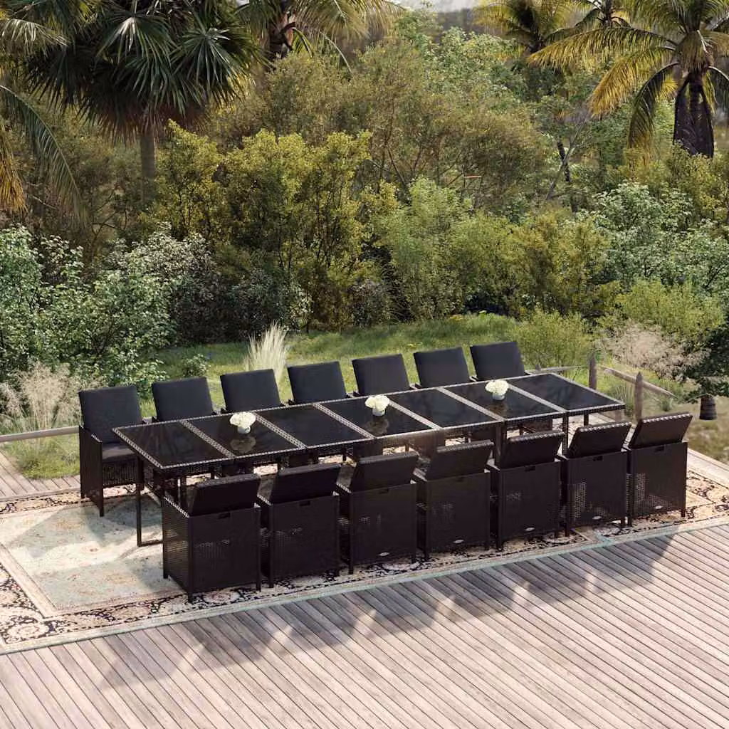 vidaXL Set Pranzo da Giardino 15 pz in Polyrattan Nero con Cuscini e Tavolo in Vetro