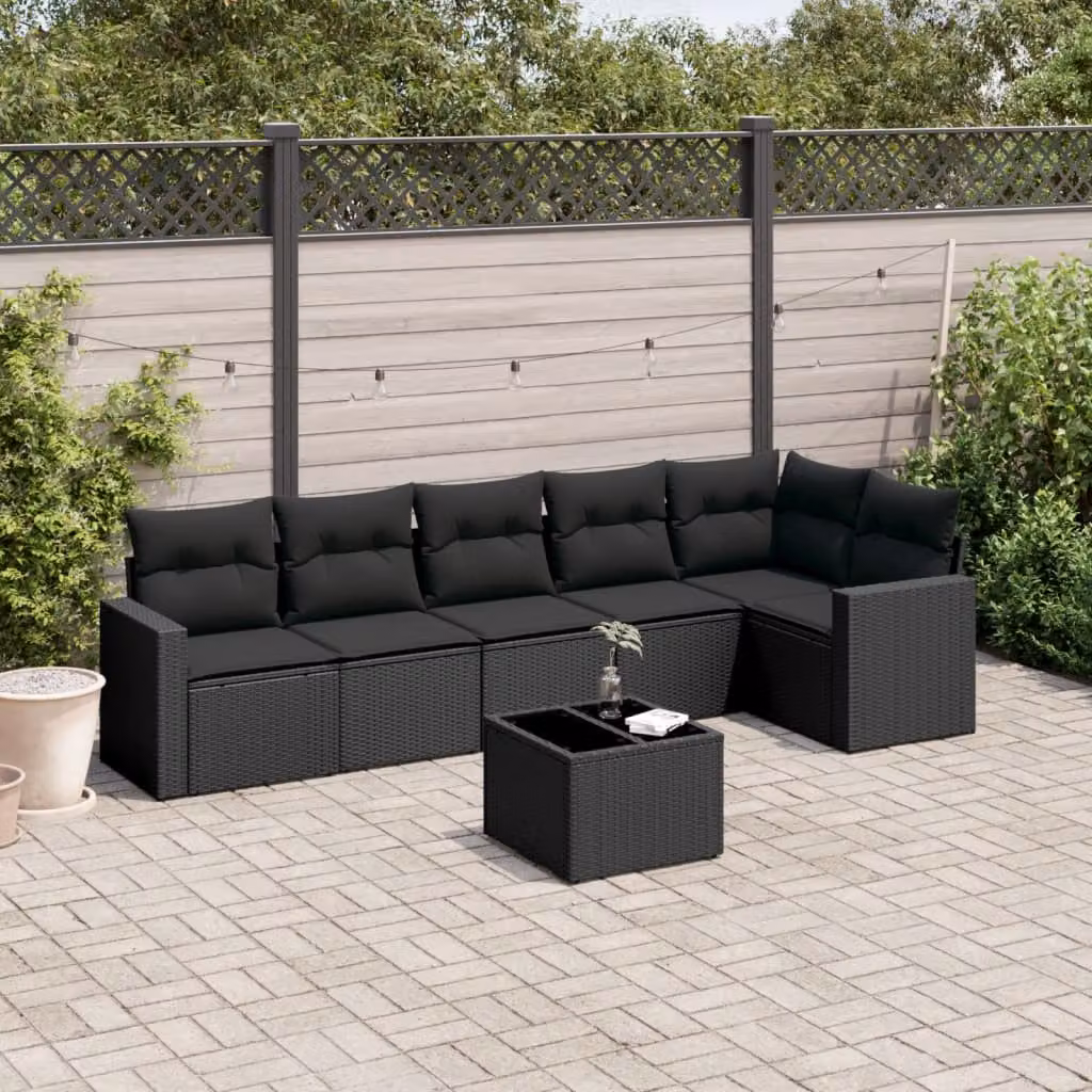 vidaXL Set Divani da Giardino a L con Cuscini 7pz Nero in Polyrattan e Metallo – 1