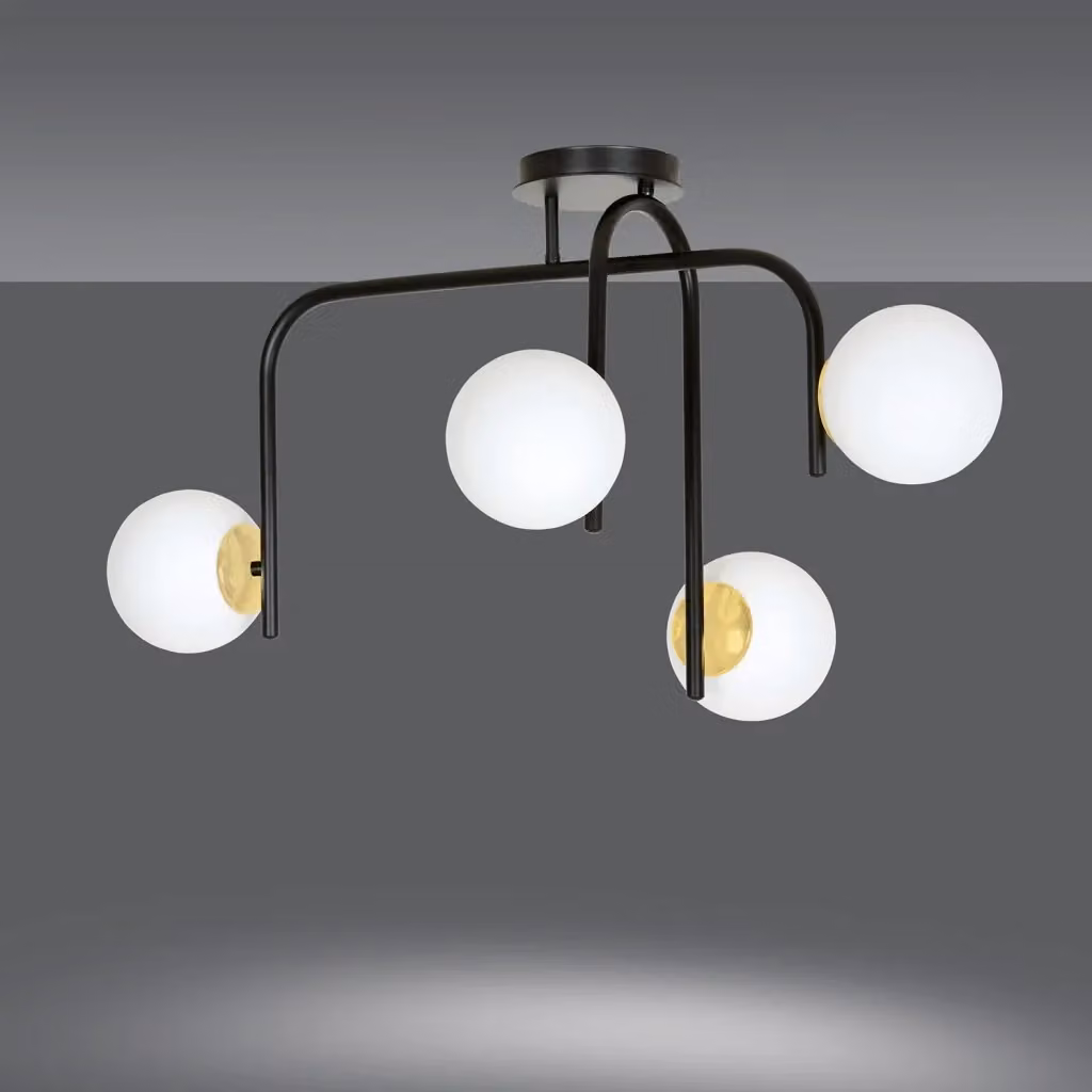 Lampadario a soffitto Luceart-Classic con 4 luci a bracci in metallo nero e oro e sfere in vetro bianco opalino – 2