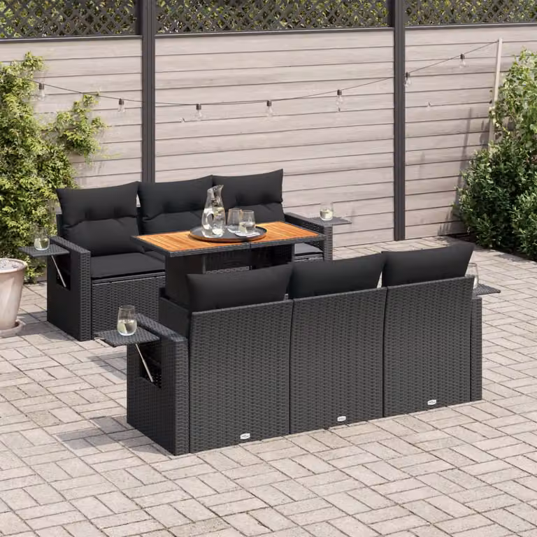 Set di divani da giardino vidaXL in rattan e legno di acacia oliato con 7 cuscini, colore nero