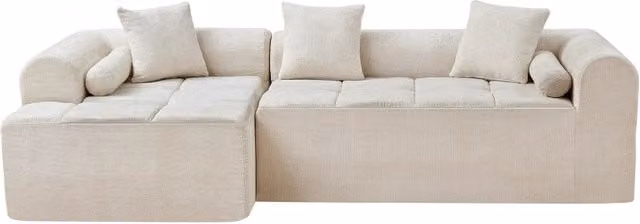 Divano angolare beige in tessuto di ciniglia, larghezza 263 cm, confezionato sottovuoto