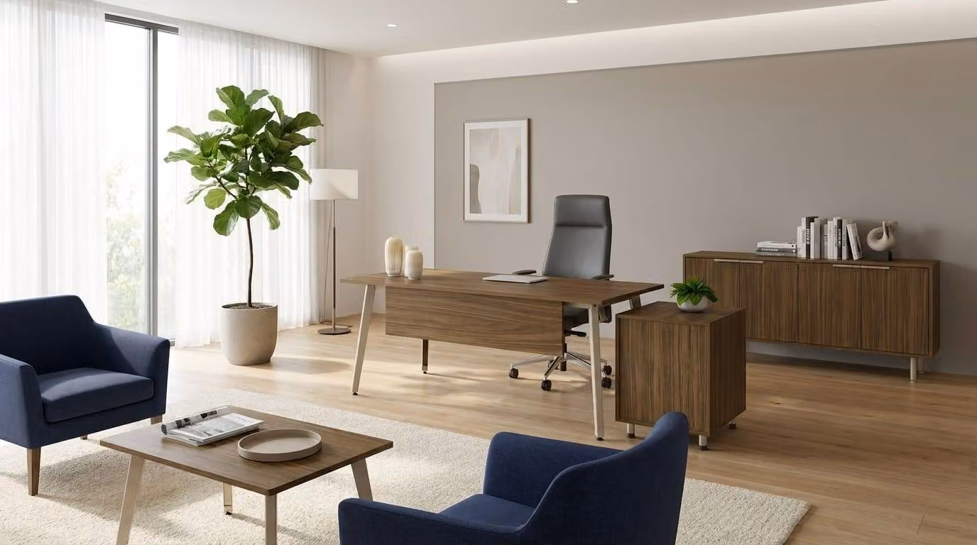 Set da ufficio marrone di alta qualità: scrivania elegante e mobiletto laterale