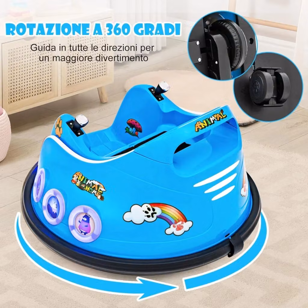 Macchina Elettrica Autoscontro Costway 12V per Bambini con Design Girevole a 360°, Telecomando, Luci e Musica, Colore Blu – 2