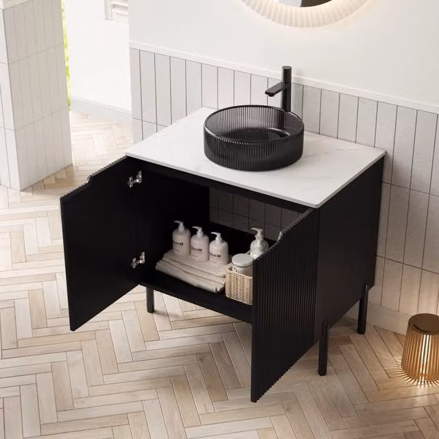Mobile sottolavabo con lavabo rotondo in vetro nero, piano in pietra sinterizzata, 2 ante, per bagno, 76 × 48 × 87 cm