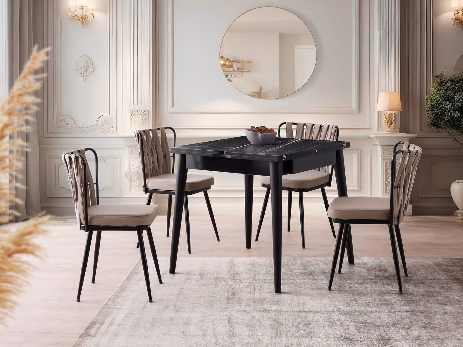 Skye Decor, Totem - 3041, marmo nero, tavolo da pranzo allungabile, 80 x 75 x 80 cm, 100% pannelli truciolari rivestiti in melamina