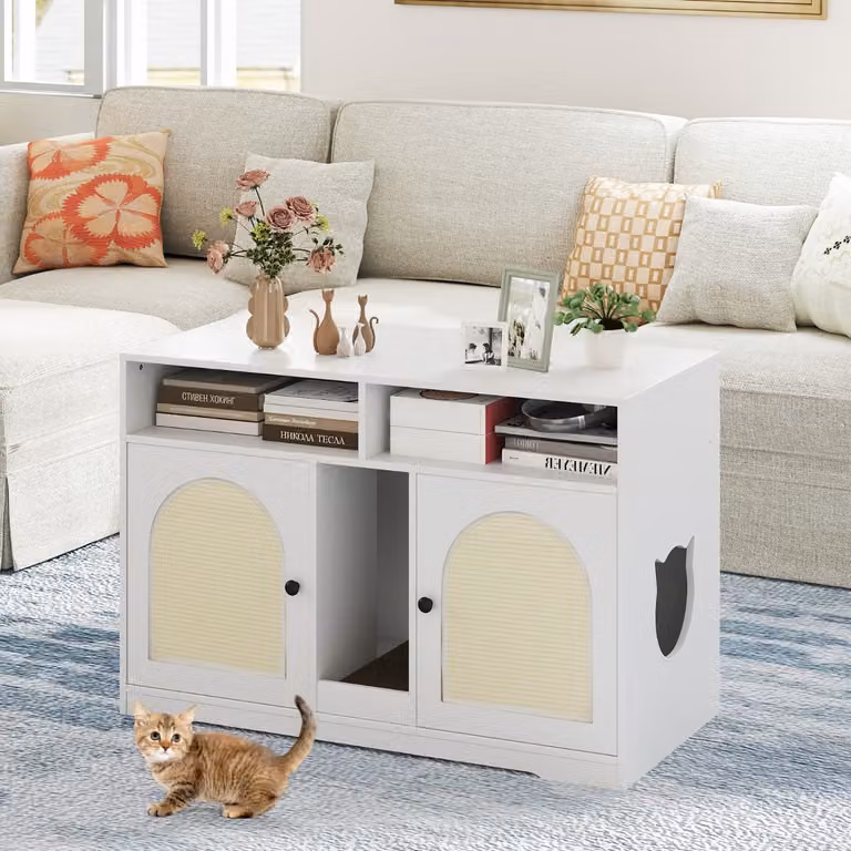 Armadietto moderno per gatti Costway in legno con due stanze e due tappetini in sisal sostituibili, Bianco