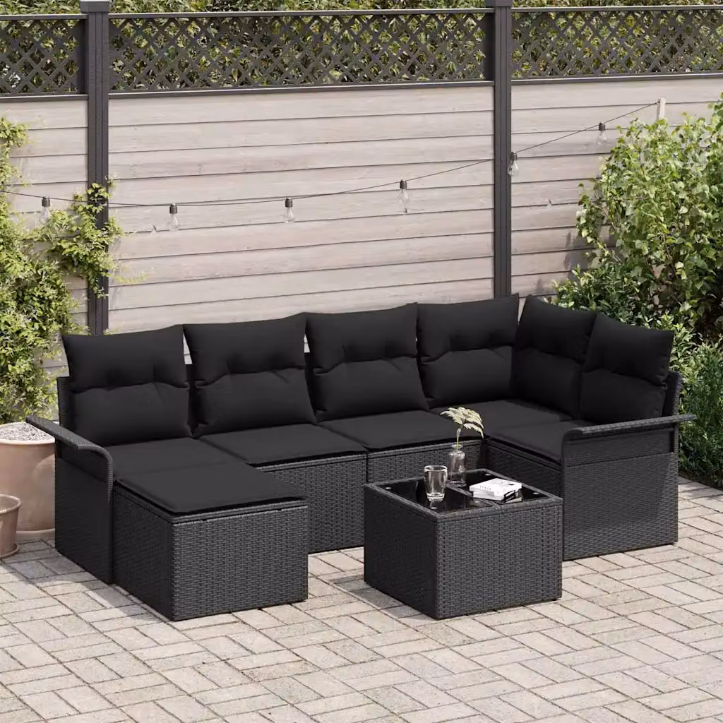 Set Divano da Giardino vidaXL 7 Pezzi a Forma di L con Cuscini e Tavolino Nero in Polyrattan e Acciaio – 1