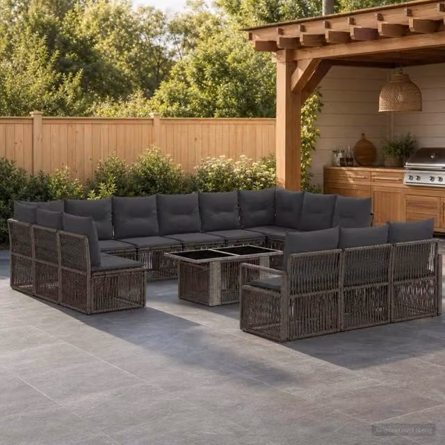 Set da giardino vidaXL in polyrattan composto da 14 pezzi con divano a 3 posti, elementi angolari e tavolino da caffè, colore grigio e antracite con cuscini inclusi – 1