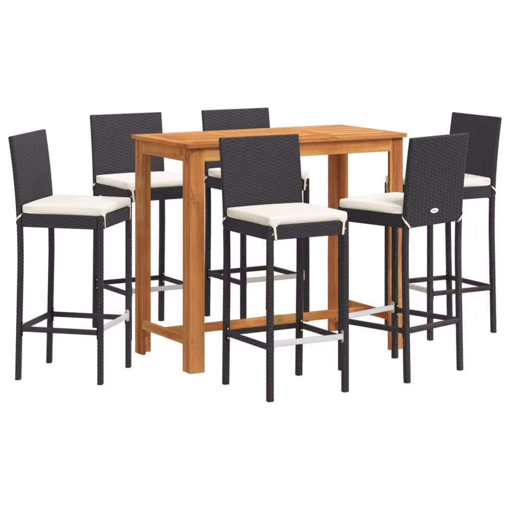 Set Bar da Giardino 7 pz Nero in Legno Acacia e Polyrattan
