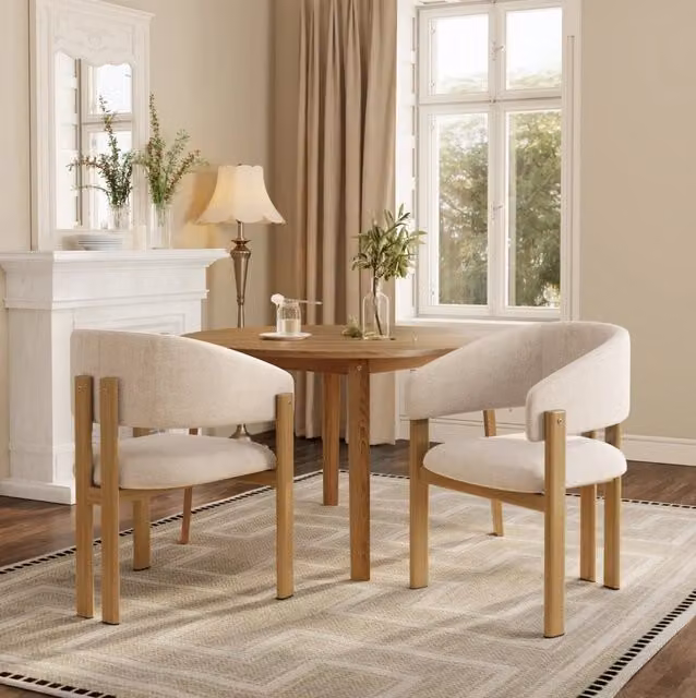 Set 2 sedie da pranzo beige in lino, struttura metallica effetto legno con braccioli