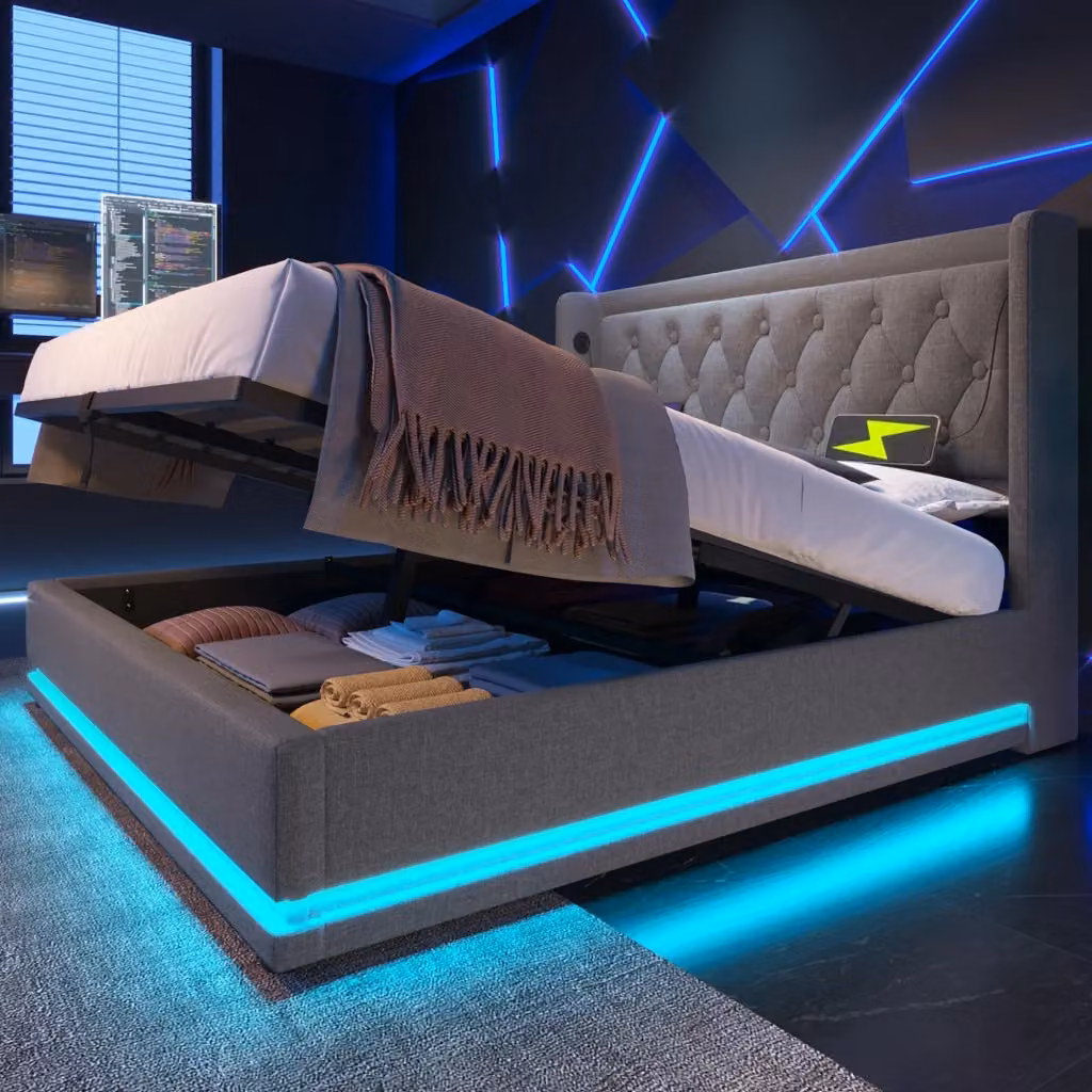 Letto contenitore matrimoniale WISHDOR in cotone grigio con testiera imbottita, porta USB e illuminazione LED, L/P: 140 x 200 cm – 2