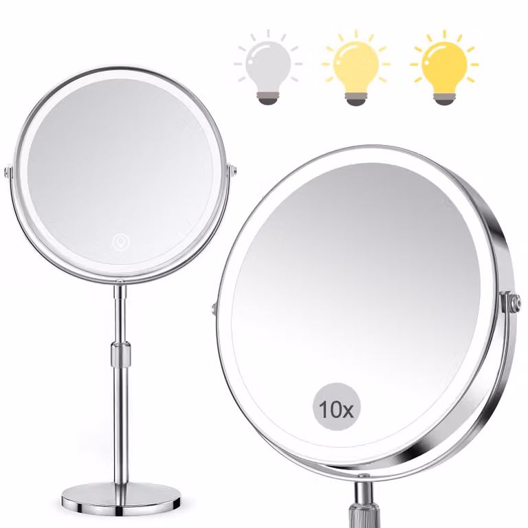 Specchio da trucco SURFOU da 8 pollici con illuminazione, ingrandimento 10X/1X, fronte/retro - Montaggio a parete