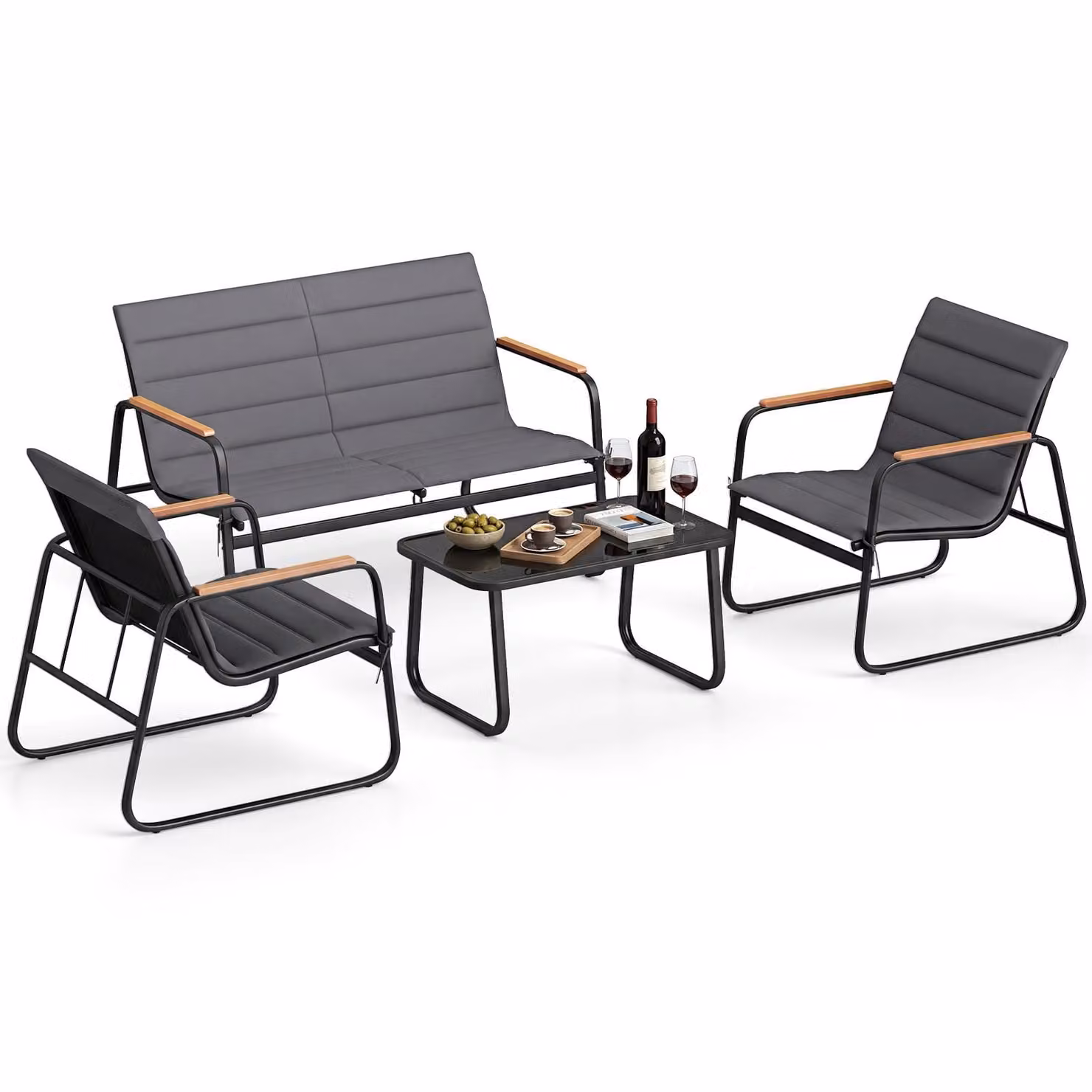 Set di mobili da giardino COSTWAY, mobili da salotto per esterni, set di sedute con 2 sedie, panca, tavolo e cuscini, mobili da balcone piccolo set di sedute per balcone set da giardino
