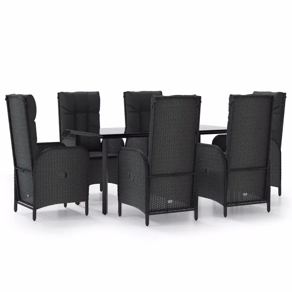 Set da Pranzo da Giardino Moderno vidaXL in Polyrattan Nero con Cuscini e Tavolo in Vetro, 7 Pezzi – 2