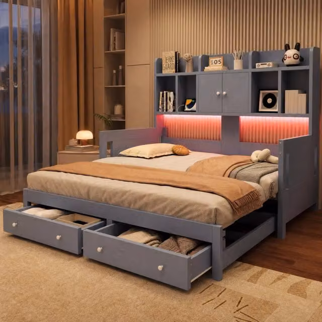Divano Letto Estraibile in Legno con Cassetti, Ripiani, Prese Elettriche e Illuminazione LED, 90x190 cm, Grigio