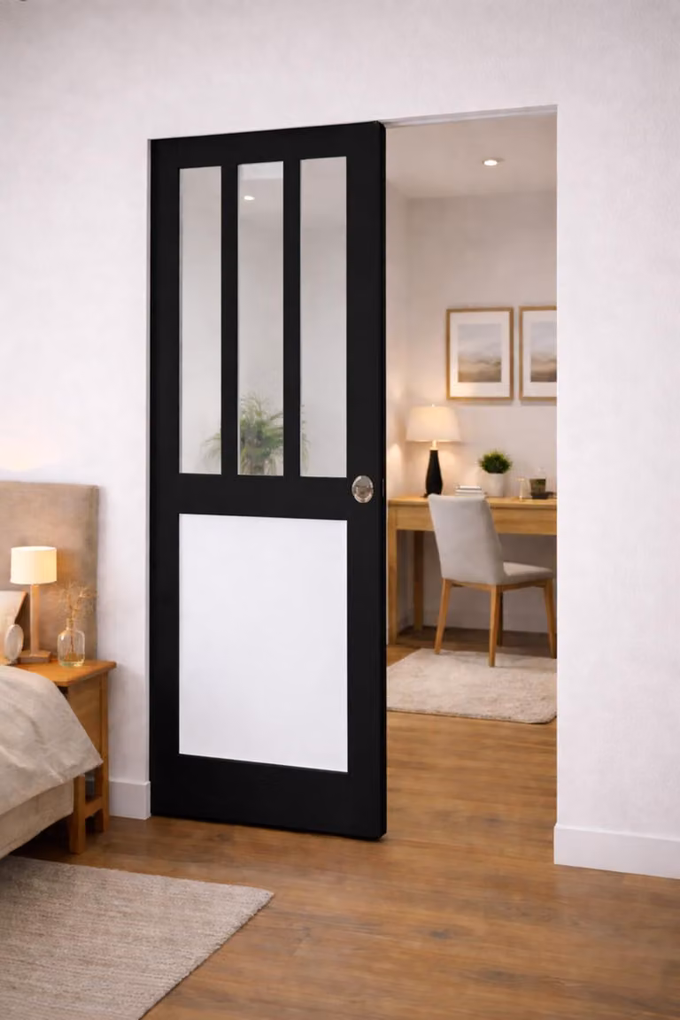 Porta scorrevole da officina nera, pannello bianco con vetro H204 x L83 cm, incasso Gd Menuserie