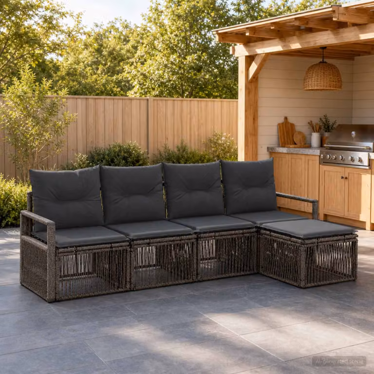 Set Divano da Giardino vidaXL 4 pz Grigio con Poltrona, Elemento Angolare e Pouf in Polyrattan e Acciaio con Cuscini Inclusi