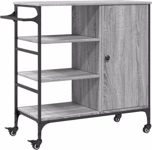 Carrello da Cucina Design In Grigio Sonoma in Legno e Metallo con Ruote L: 87,5 cm, P: 38,5 cm, H: 84,5 cm