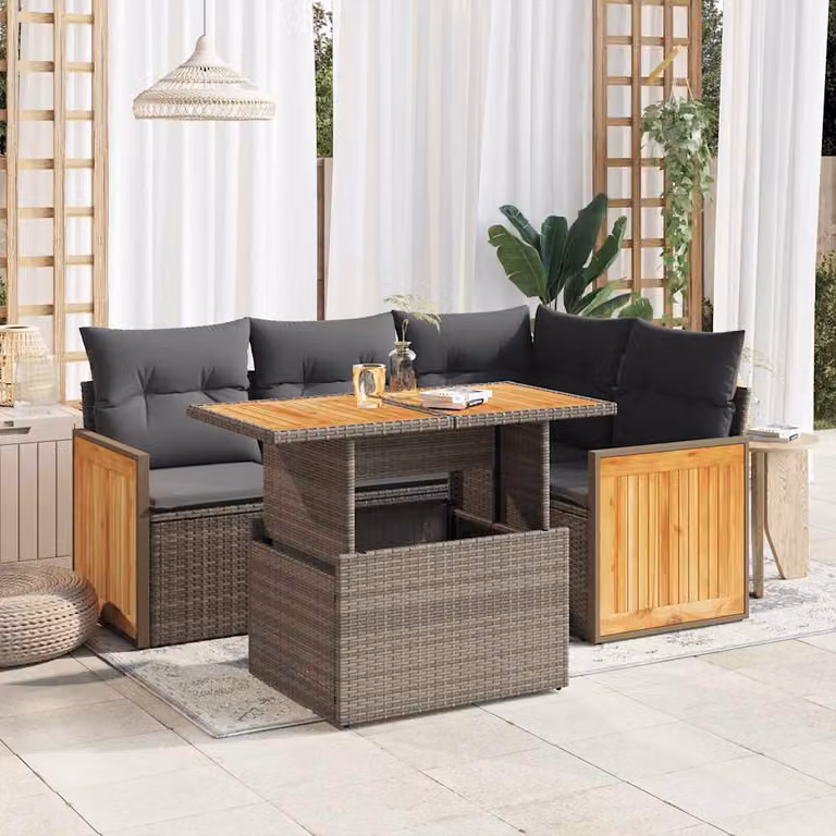 Set Divano da Giardino a L vidaXL in Polyrattan e Legno di Acacia con Cuscini Grigio