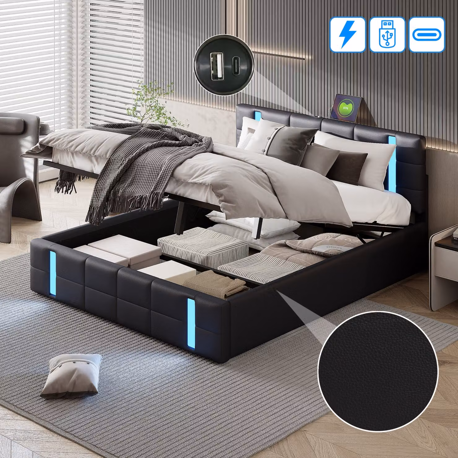 Letto imbottito CDGlobal 160x200cm, letto matrimoniale idraulico con testata a LED e funzione di ricarica USB, letti contenitore struttura letto con rete a doghe, superficie in PU, letto per ragazzi, nero