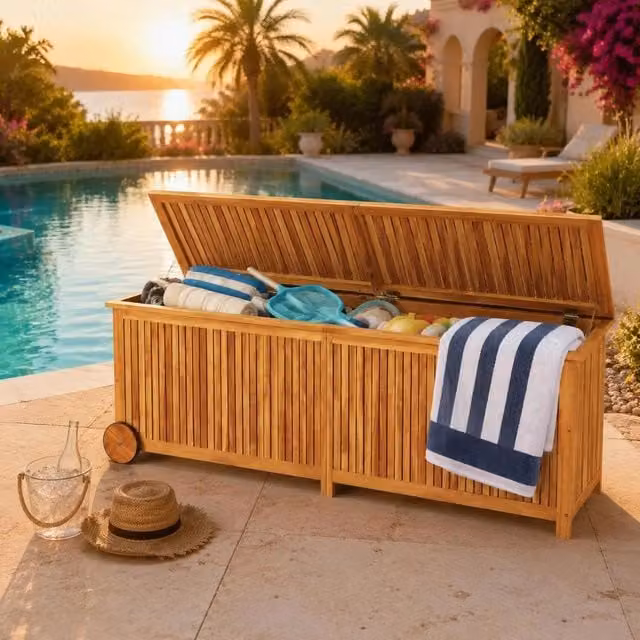 Outdoor Storage Box, Solid Acacia Wood Garden Bench With Wheels, Large Patio Furniture Cushion Organizer, Zippered Liner For Moisture Protection, 150x50x58 Cm