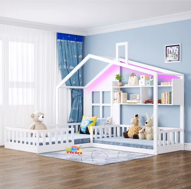 Letto a casetta 90x200 cm con LED, mensole e sponde di sicurezza, bianco