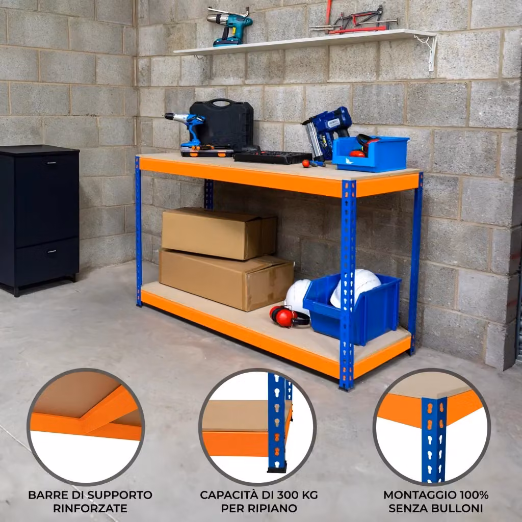 Banco da Lavoro a 2 Ripiani S-Rax MONSTER SHOP Blu e Arancione L/P/H: 180 x 60 x 90 cm – 2