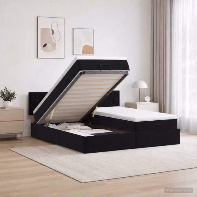 Letto ottomano con contenitore e materasso ibrido vidaXL in velluto nero e bianco L/P/H: 203 x 200 x 88 cm – 1
