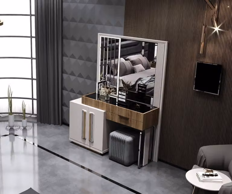 Elegante toletta con specchio e dettagli in legno per la camera da letto