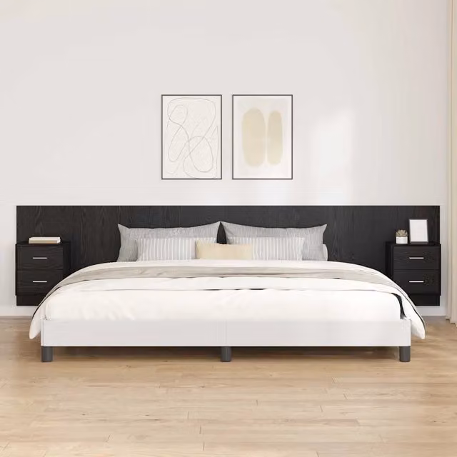 Set di 3 pezzi Testata con Comodini da Parete vidaXL in Legno Ingegnerizzato e Metallo, Nero Opaco