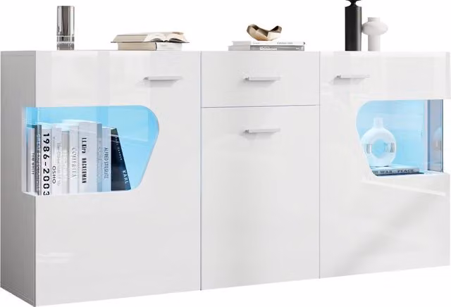 Credenza e madia moderna bianca con LED in MDF e vetro per soggiorno, L: 140 cm, P: 33 cm, H: 70 cm