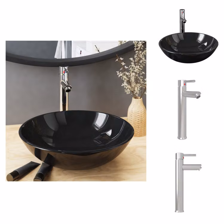 vidaXL Lavandino da bagno con rubinetto e scarico in vetro temperato nero - Lavandino da bagno