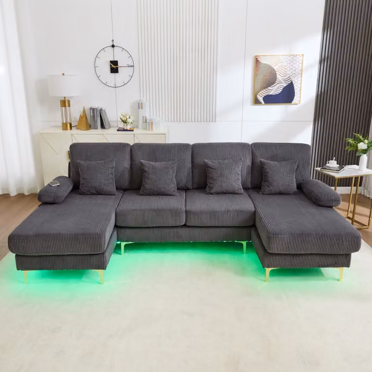 LVHOM Divano angolare a U con funzione letto e illuminazione a LED, divano da salotto con connessione USB, divano in tessuto a coste, grigio