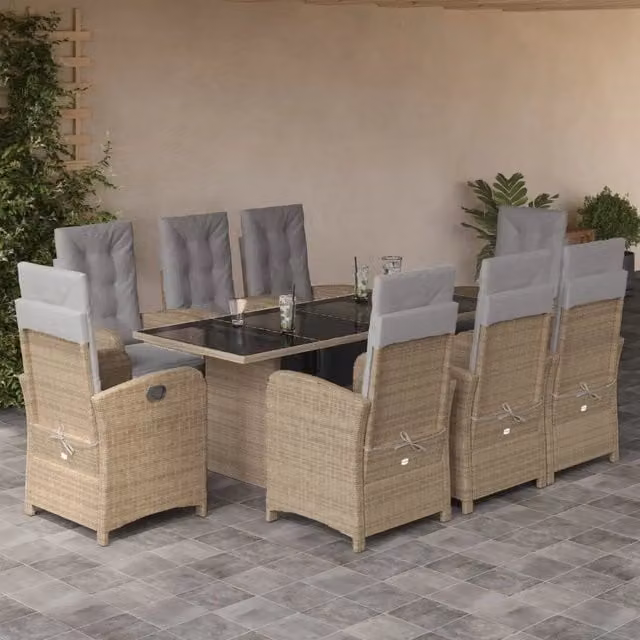 Set da Pranzo da Giardino vidaXL in Polyrattan con Cuscini Beige e Tavolo in Vetro, 9 Pezzi – 1