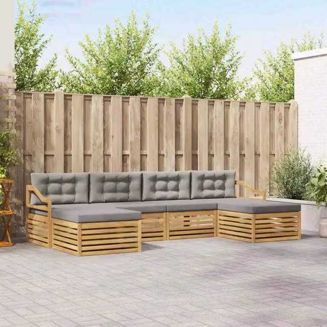 Set di divani da esterno a L vidaXL in legno di acacia con pouf e cuscini, Bianco e Grigio