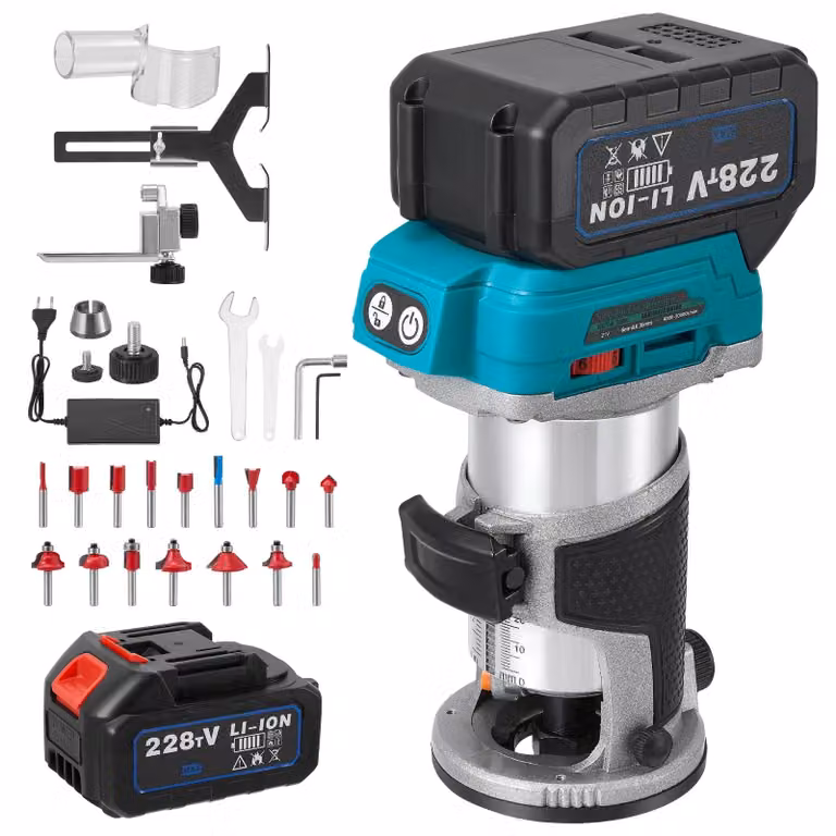 Fresatrice portatile a batteria - Fresatrice per legno - Motore brushless - 30.000 giri/min - 6 velocità - Sistema di cambio rapido - Colore blu