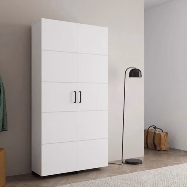 Scarpiera DMORA Bled con 15 ripiani, Bianco Opaco, L: 92 cm, P: 33 cm, H: 185 cm
