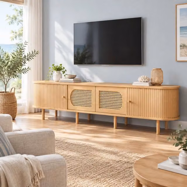 Mobile TV con 2 ante e 2 serrande scorrevoli, stile rattan, 8 piedi, per soggiorno, 180×40×40 cm, MDF naturale