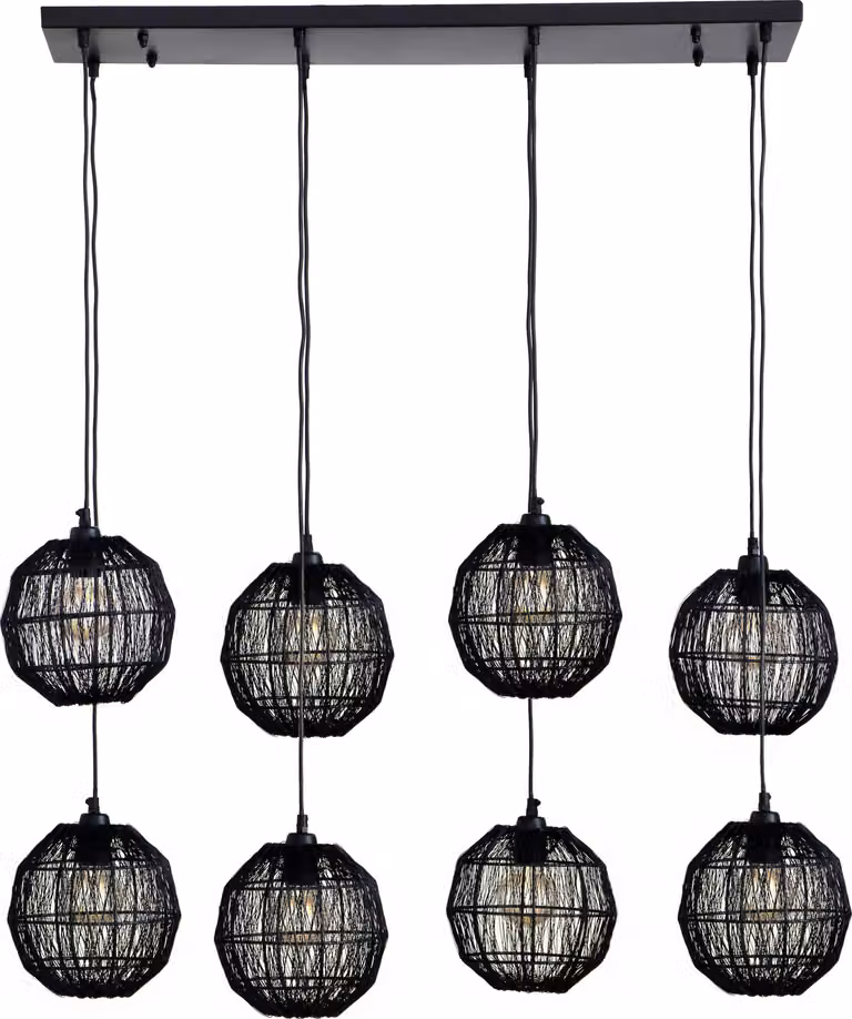 Lampada a sospensione Globo, struttura in metallo nero opaco, paralume in metallo a rete nero opaco, altezza regolabile, dimensioni: 940x240x1400 mm, esclusa lampadina: 8 x E27, 25W, 230V