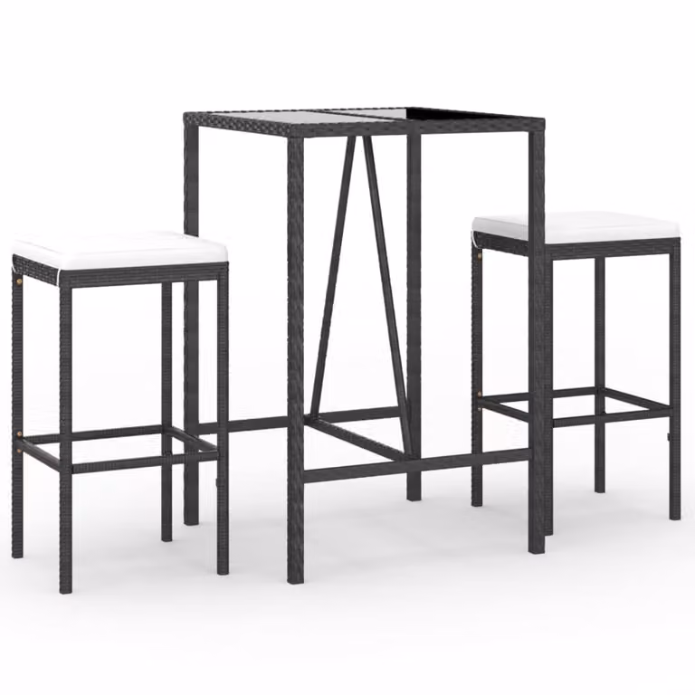 Set Bar da Giardino 3 pz con Cuscini in Polyrattan Nero