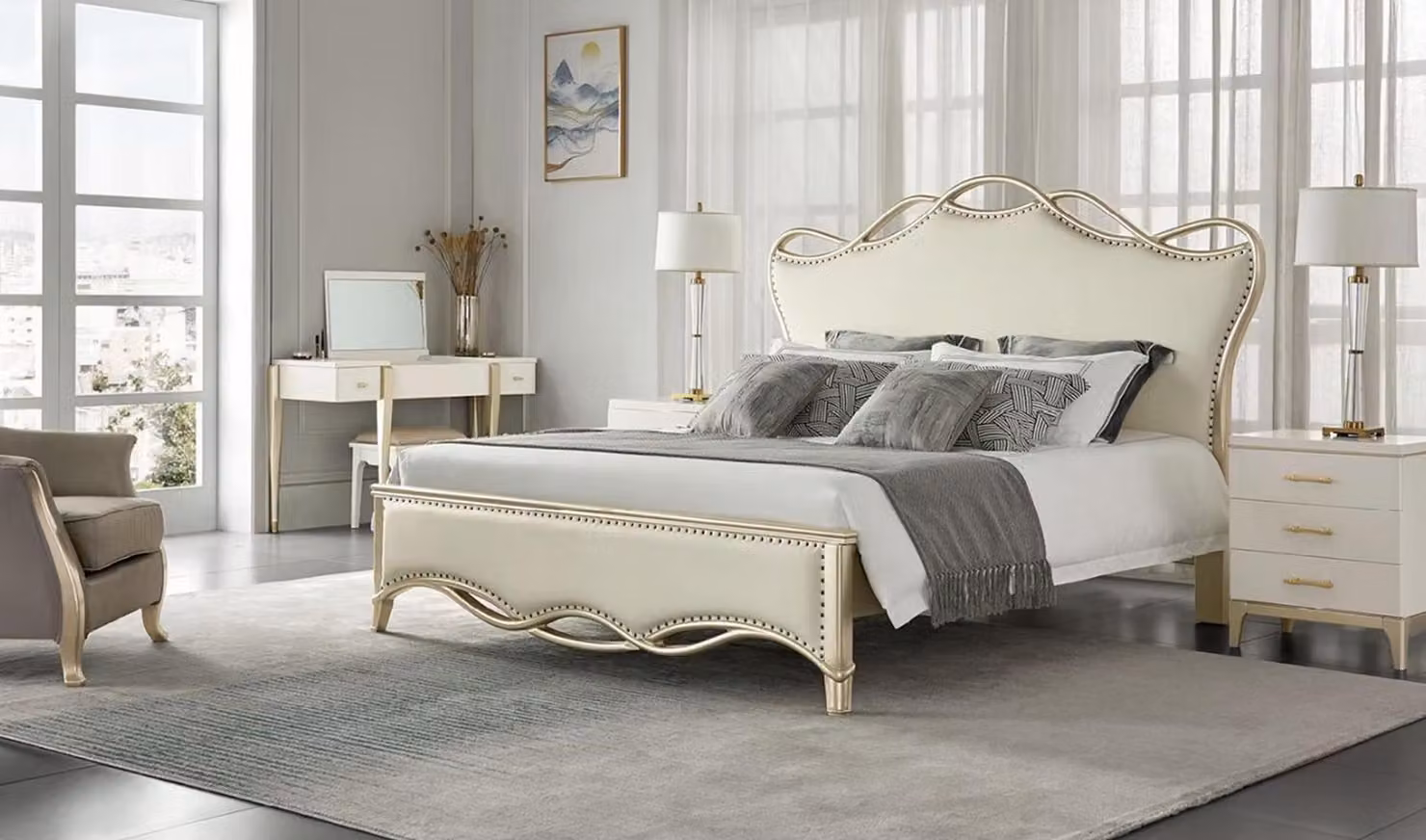 Design Bett Schlafzimmer Betten Textil Luxus Polster Sitz Stoff Beige Möbel