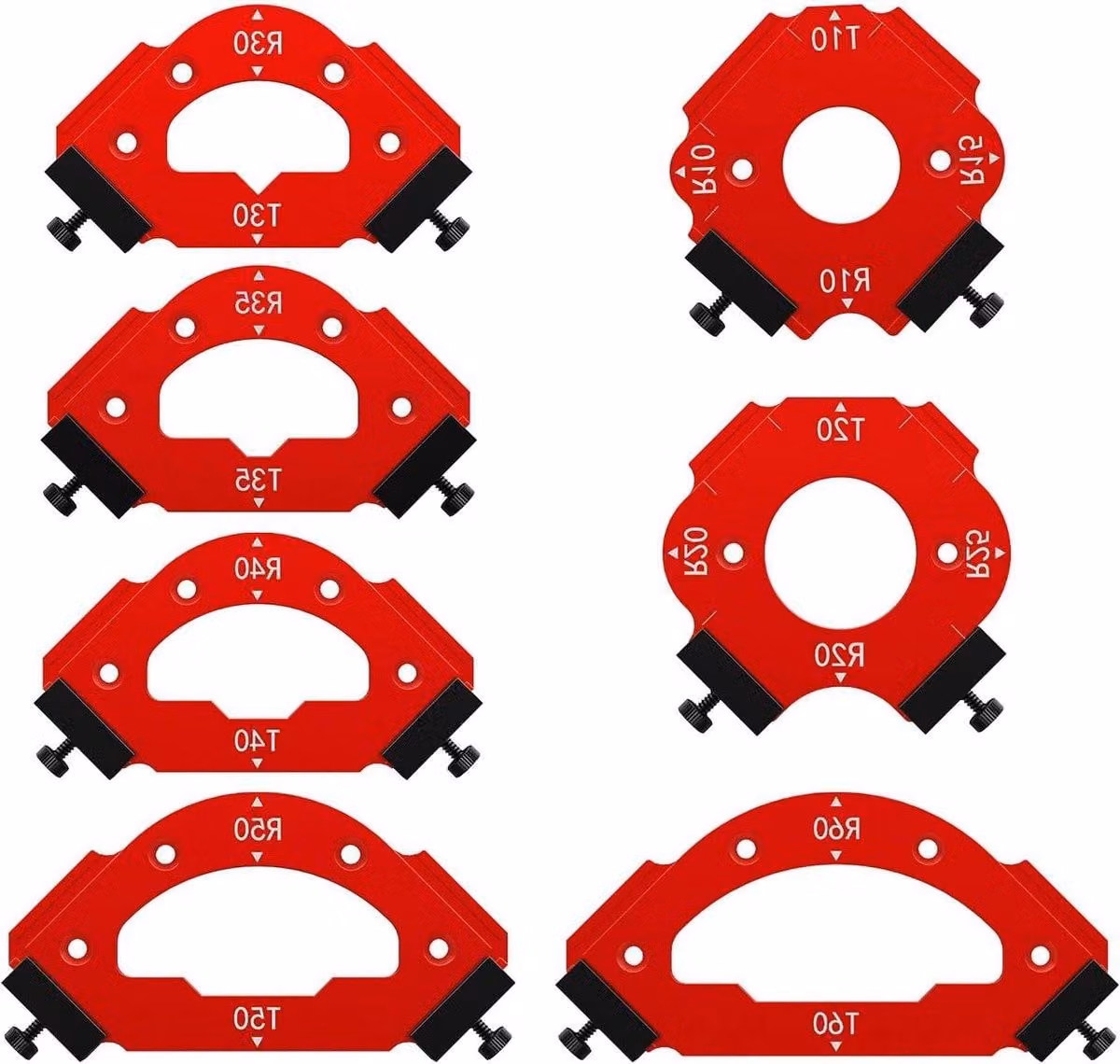 7 pezzi di guide per fresatura radiale, adatte per legno, con raggi R10, R20, R30, R35, R40, R50, R60