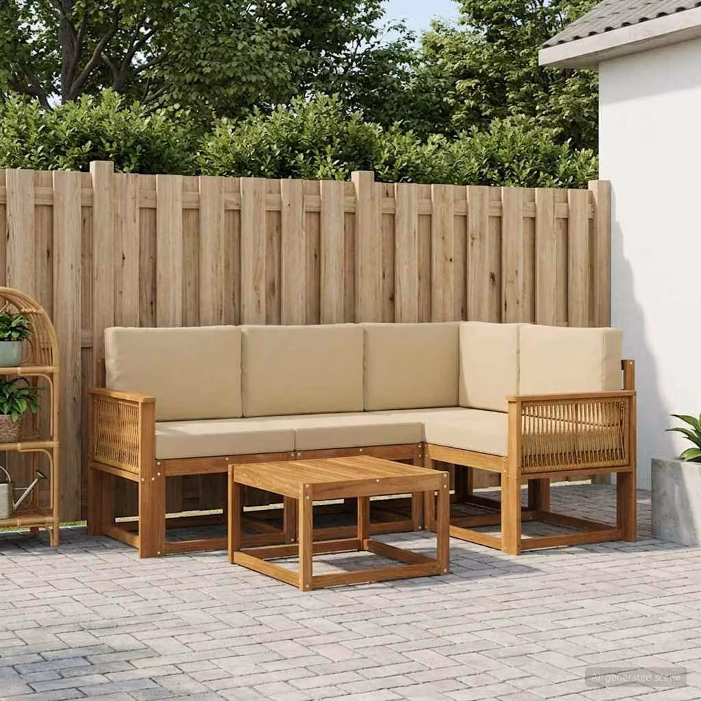 Set di divani da esterno a L vidaXL in legno di acacia con tavolo da caffè e cuscini, Beige e Marrone