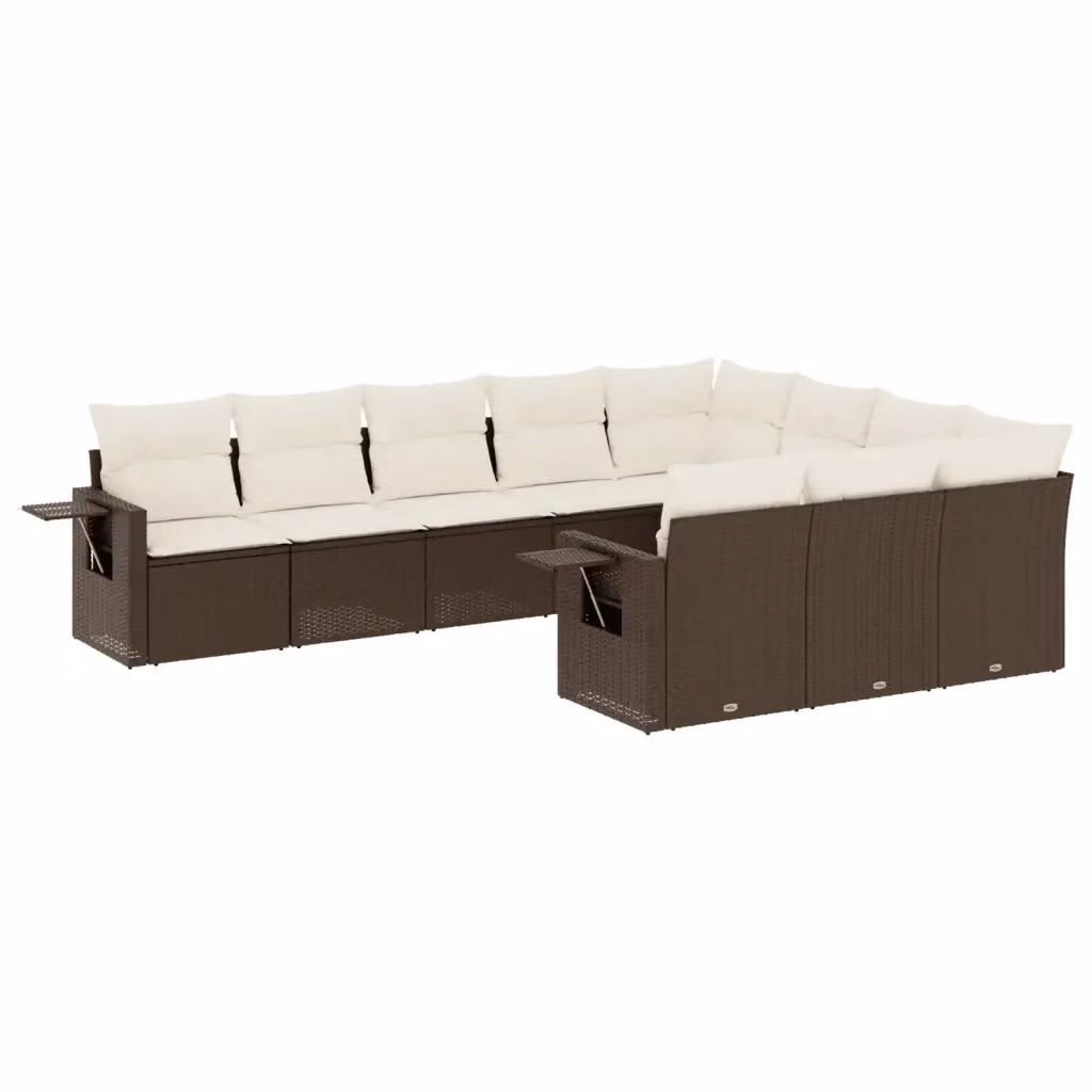 Set di divani da giardino vidaXL a forma di L composto da 10 pezzi in polyrattan marrone con cuscini bianchi e tavolino da esterno – 2