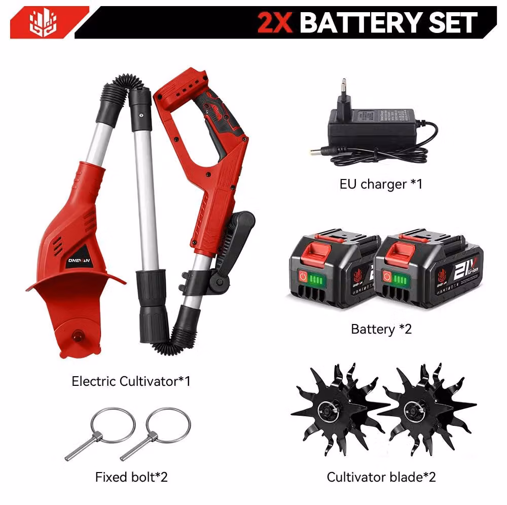 Fresatrice elettrica per terreno – Coltivatore senza spazzole – 1600 W – Alimentazione a batteria – Pieghevole – 2 batterie – Per la lavorazione del terreno