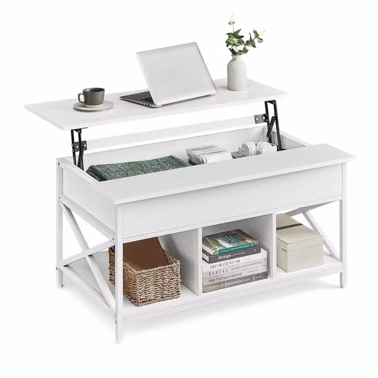 Tavolino da Caffè con Piano Sollevabile con Spazio Aperto e Nascosto, Bianco Neve + Bianco / 60 x 100 x (48-62) cm