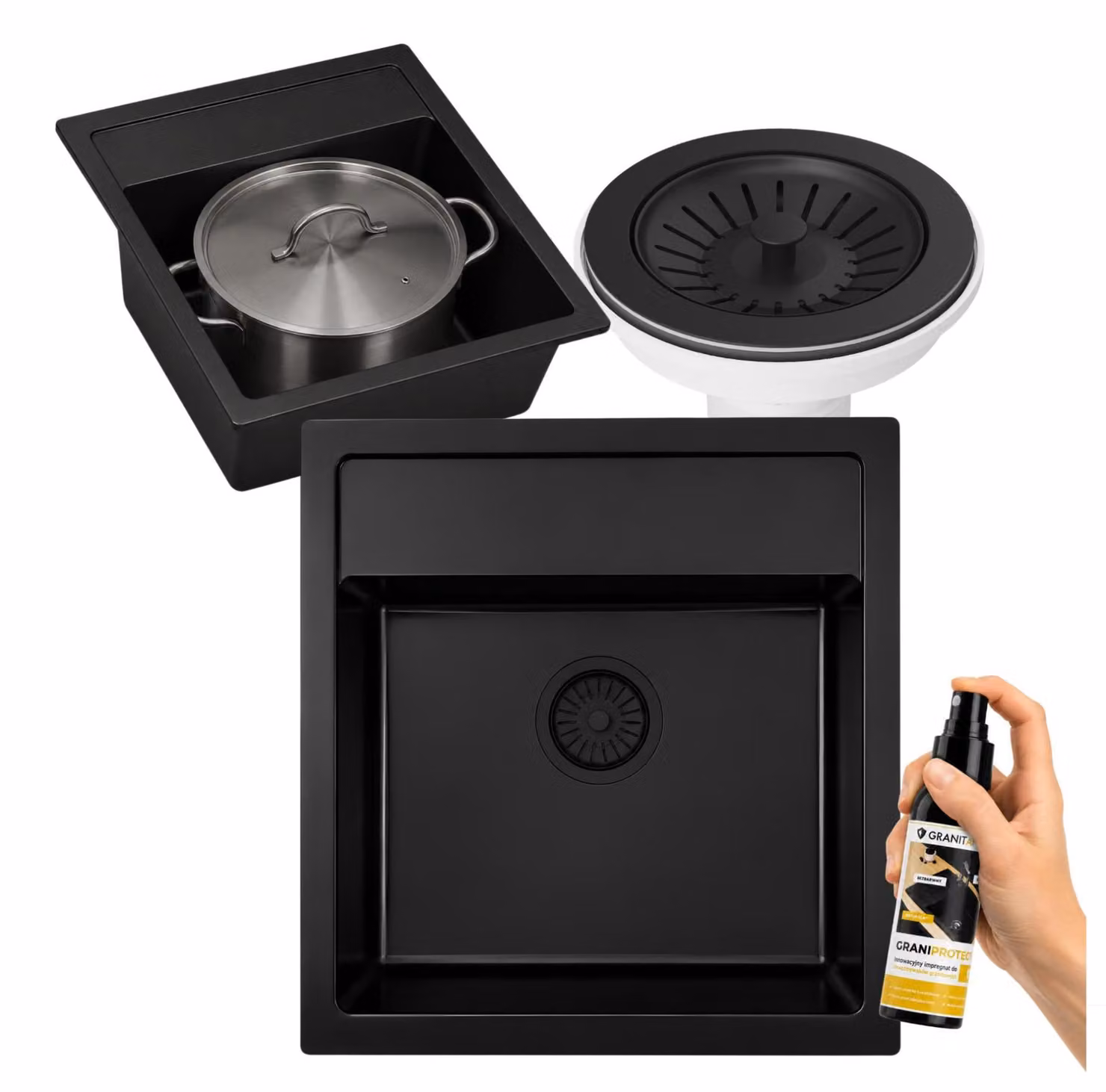 Granitan - Lavello in granito - Lavandino 50x51 cm - Lavello cucina nero - con sifone - KERANO