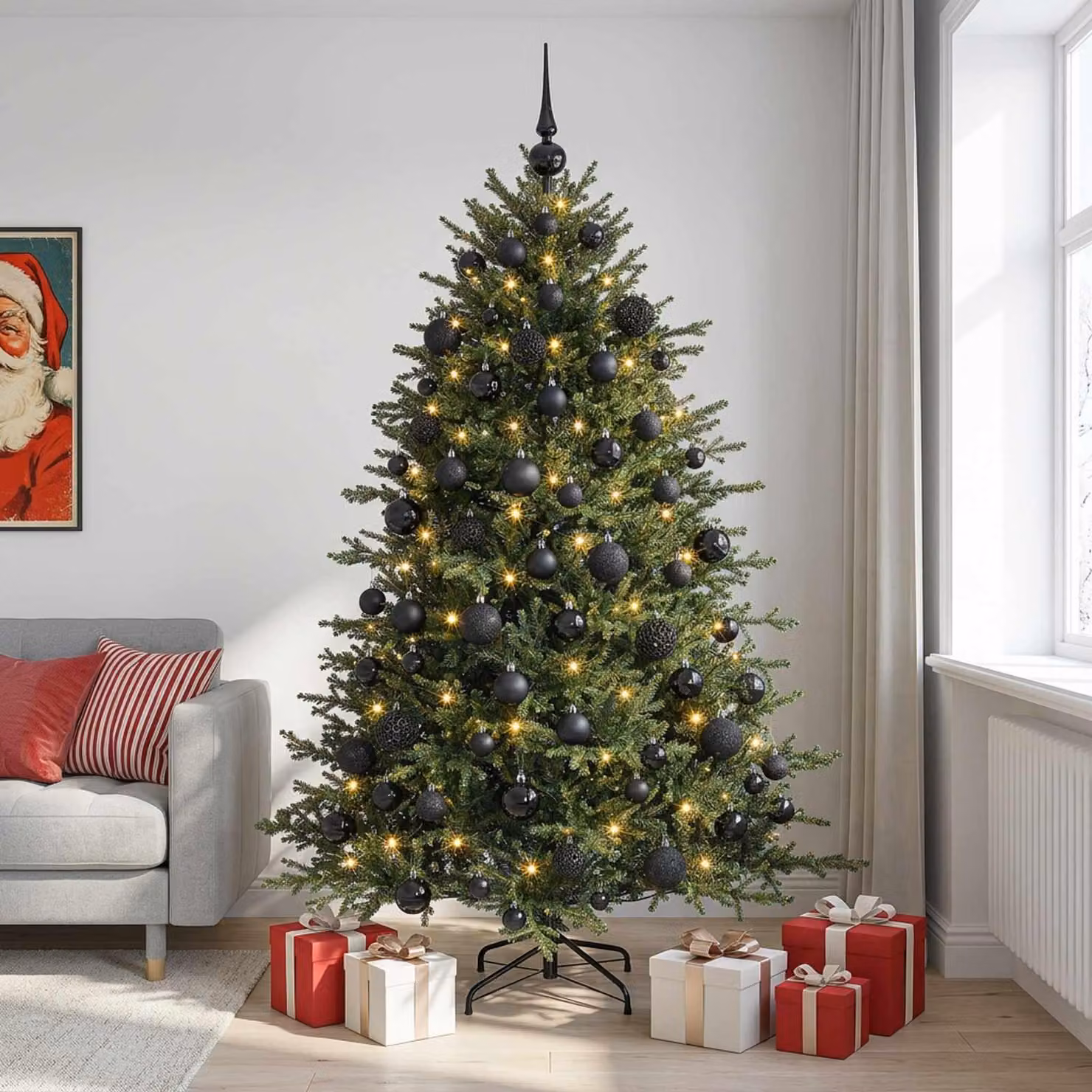 Albero di Natale artificiale con decorazioni a forma di sfera natalizia, altezza 210 cm, 300 luci LED