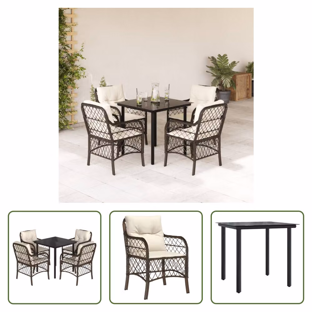 The Living Store Set da pranzo da giardino 5 pezzi con cuscini in polirattan marrone